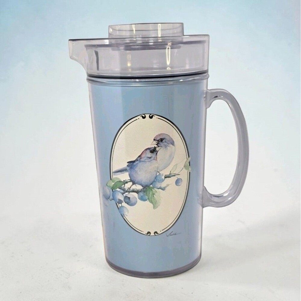Vintage Thermo-Serv Love Birds Pitcher Bluebirds Blueberries 1983 Made in USA